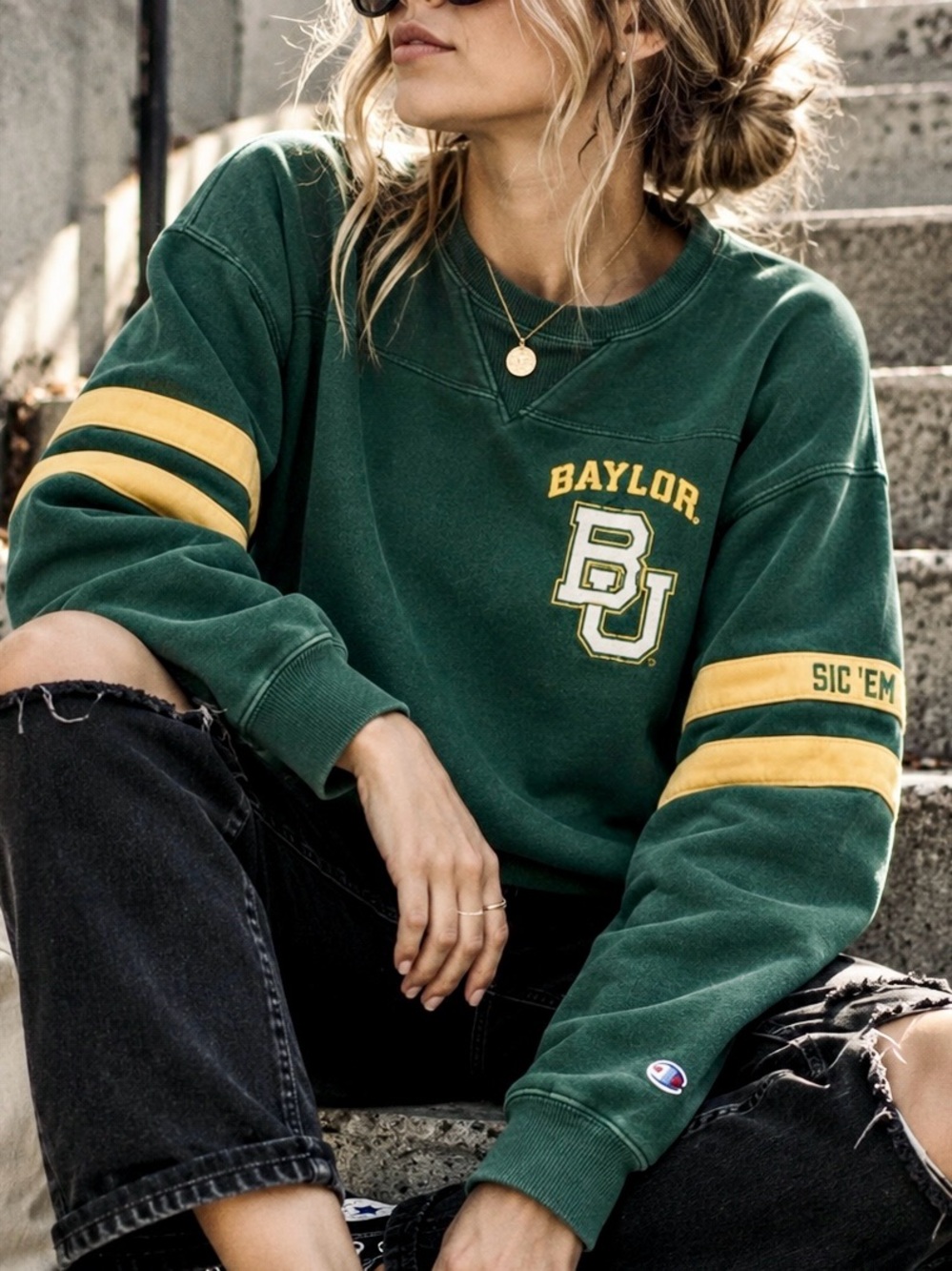 Champion Green Baylor University Sweatshirt Crewneck Varsity Stripe Small